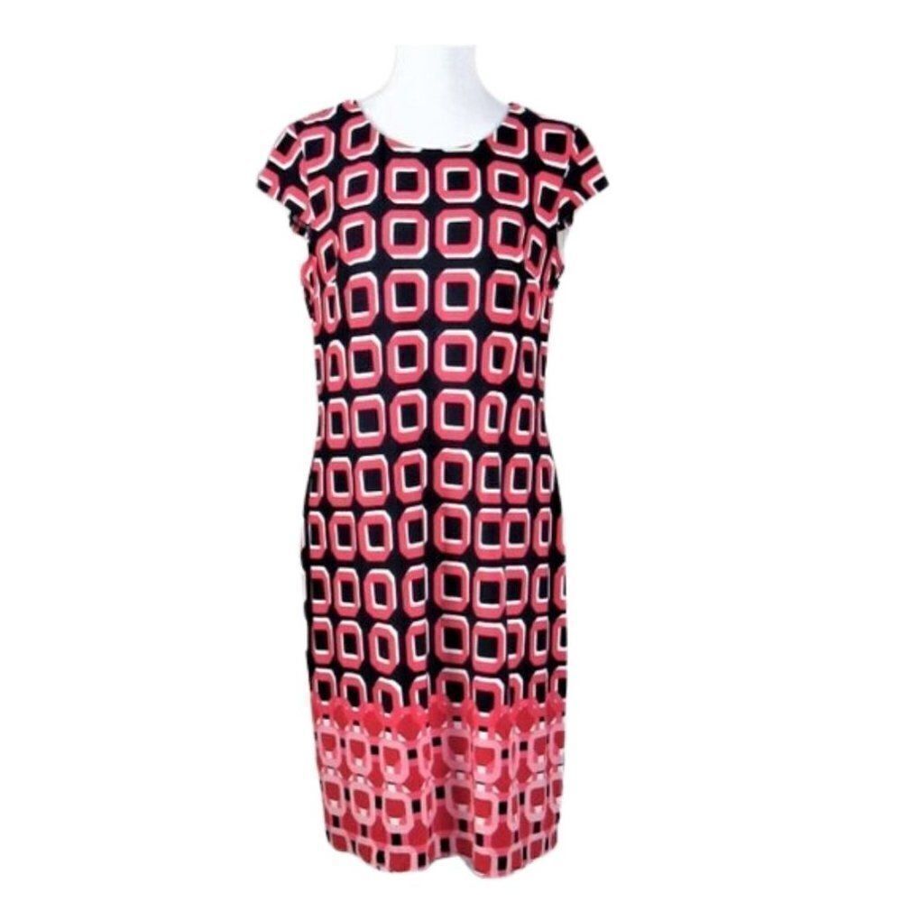 Dress Sheath Pullover Cap Sleeve Below the Knee Red Geometric Print Women's Lg